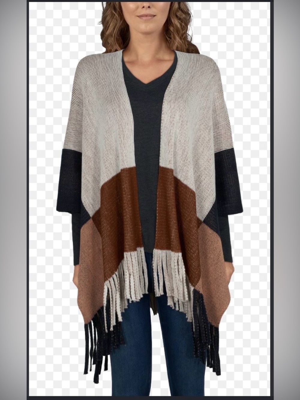 NWT Natural Reflections Boho Western Colorblock Ruana Poncho Fringe Neutral OSFM